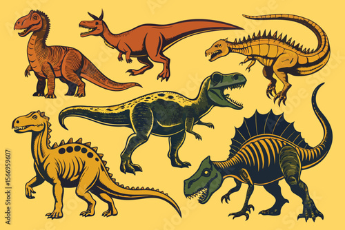 Vector set of isolated prehistoric dinosaur silhouettes, including tyrannosaurus and other extinct creatures