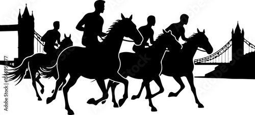 horses, riders, equestrian mountain city vector bundle
