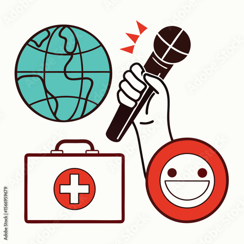 A hand grips microphone, beside globe, medical kit, and happy face icon