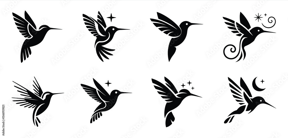 Fototapeta premium Set of Black Silhouettes of Hummingbirds in Flight