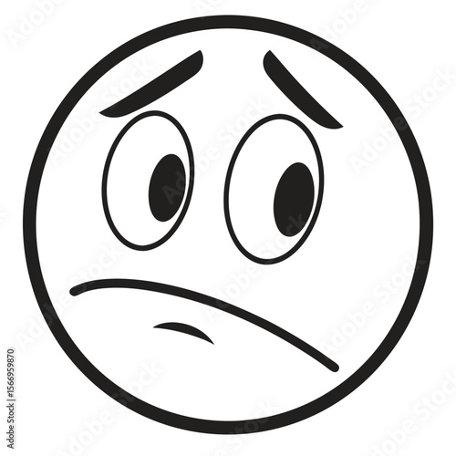Black and white sad round face looks mournful with downturned eyebrows and mouth