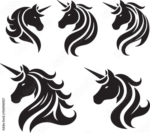 set of black and white Unicorn silhouette 
