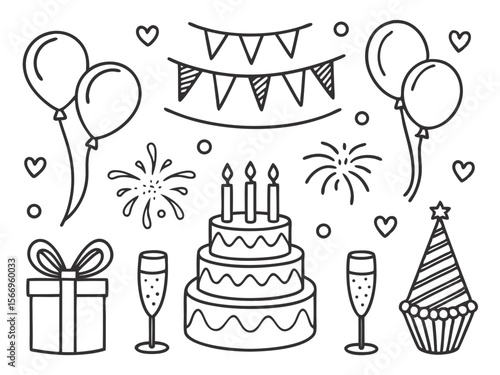 A black outlined birthday theme displays cake, champagne glasses, balloons, gift and party hats