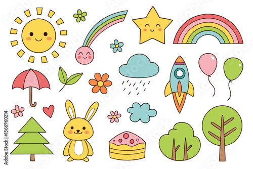 Cheerful cartoon collection features cute sun, rainbow, stars, bunny, trees, and rocket with transparent background