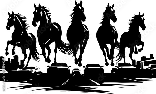 horses, riders, equestrian mountain city vector bundle