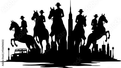horses, riders, equestrian mountain city vector bundle