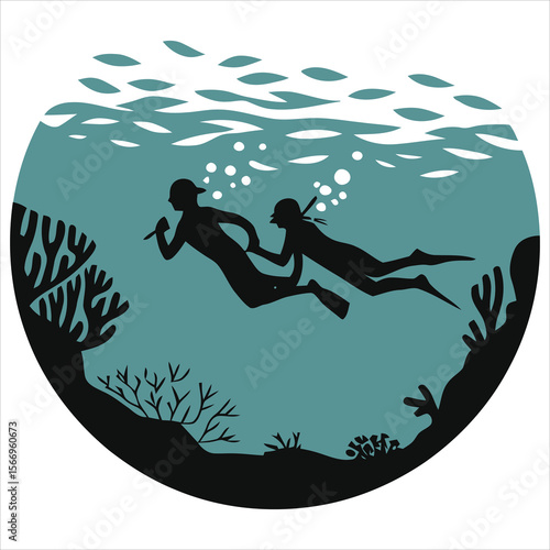 Romantic scuba divers vector silhouette in underwater scene/Silhouette illustration of two scuba divers swimming in an underwater circle, surrounded by coral reefs and fish.