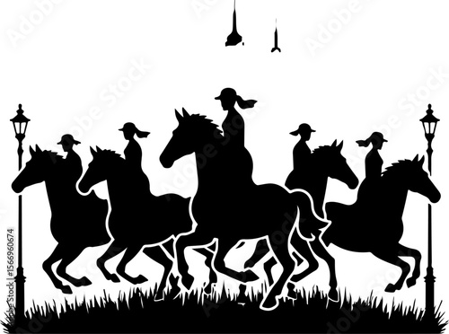 horses, riders, equestrian mountain city vector bundle
