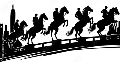 horses, riders, equestrian mountain city vector bundle