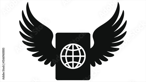 Passport with Wings: Symbol of Global Travel/A simple, black and white graphic of a passport with large, stylized wings.