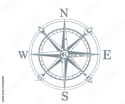 Gray Compass Rose with Letter R in Center on White Background