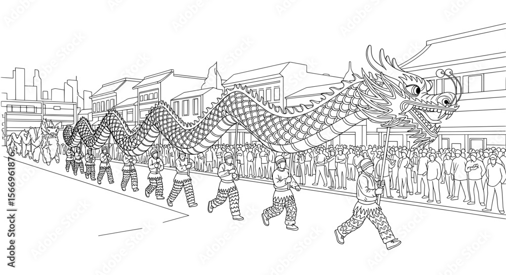 Fototapeta premium Chinese Dragon Dance Parade - Cultural Festival Line Drawing 