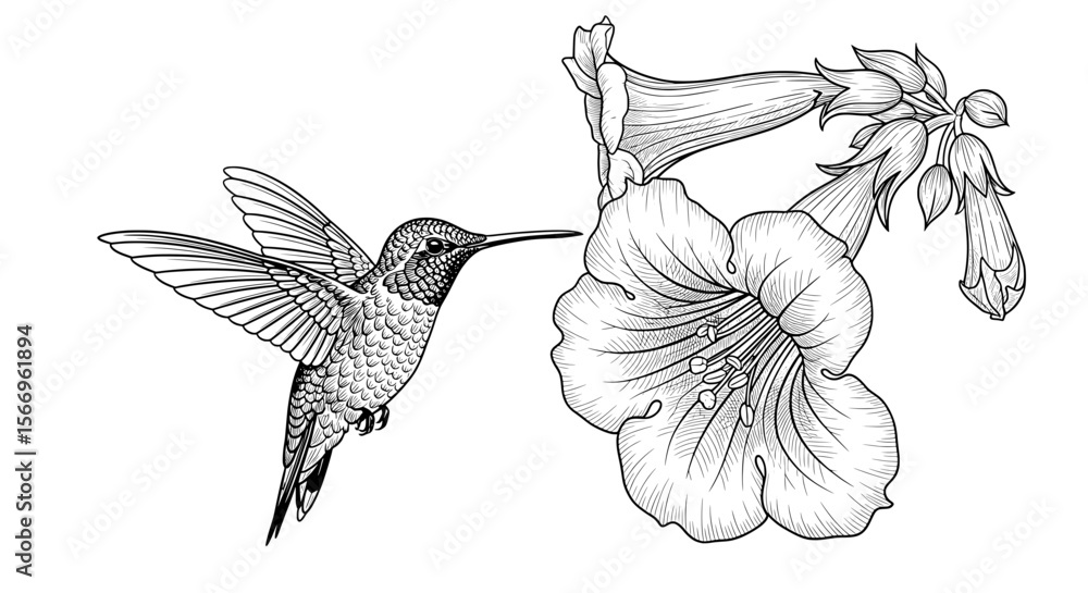 Fototapeta premium Hummingbird and Hibiscus Flower - Nature Line Drawing 
