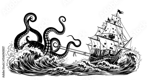 Giant Kraken Attacking Ship - Nautical Fantasy Art
