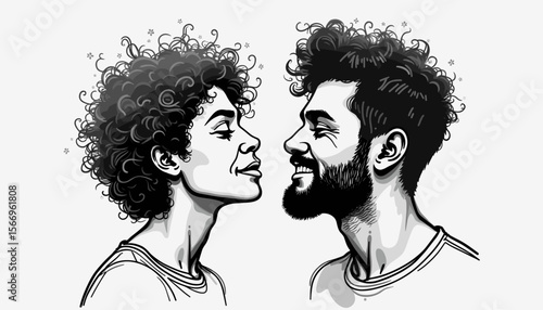Couple smiling affectionately in a doodle-style illustration