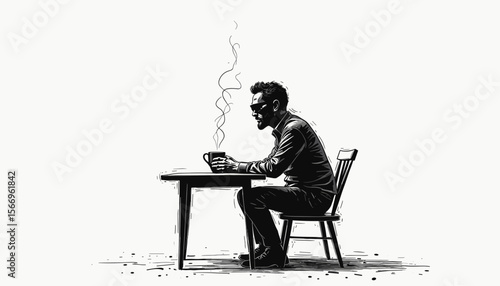 Man sipping coffee while sitting at a table with steam rising