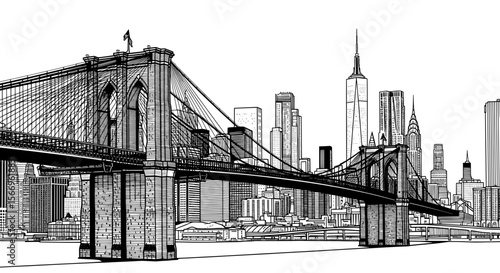 New York City Skyline with Brooklyn Bridge - Detailed Line Drawing
