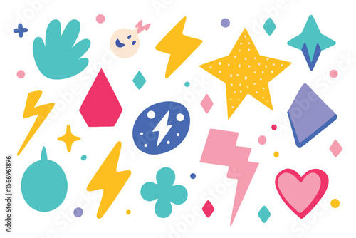 Colorful star, heart, and lightning bolt shapes scattered randomly across a white background