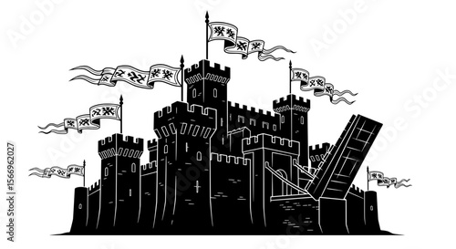 Medieval Castle with Flags - Fortress Line Drawing
