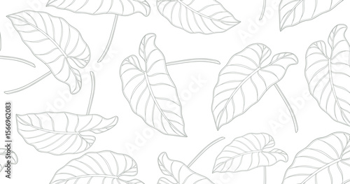 Minimalist seamless taro leaf pattern in fine gray outline on white background, perfect for botanical wallpaper, textile design, eco packaging, spa branding, and natural-themed projects.