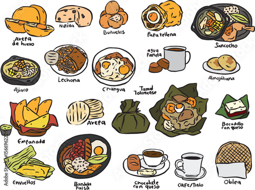 Set of vector illustrations of traditional Colombian dishes in doodle style.