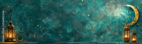 Ramadan Mubarak Enchanting Night Scene with Lanterns and Crescent Moon