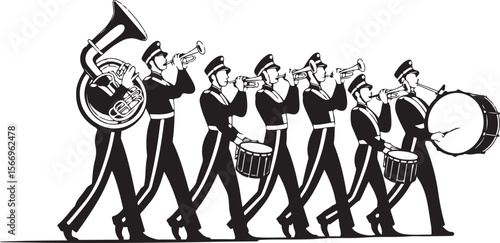 Dynamic Black & White Marching Band Illustration - Music & Parade