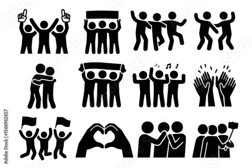 12 black silhouette icons of happy cheering crowds at concerts or sports. Includes waving, hugging, dancing, singing, clapping, flags.