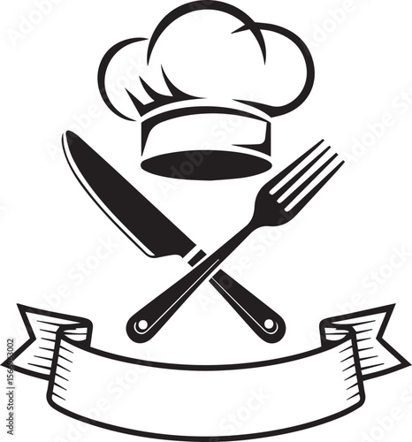 Chef hat crossed knife and fork with ribbon for text