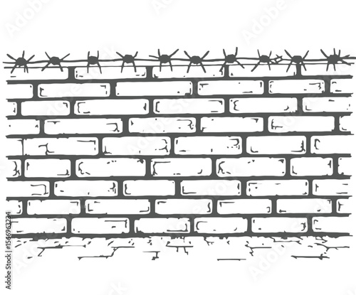 Monochrome Brick Wall Topped with Barbed Wire Symbolizing Confinement and Restriction