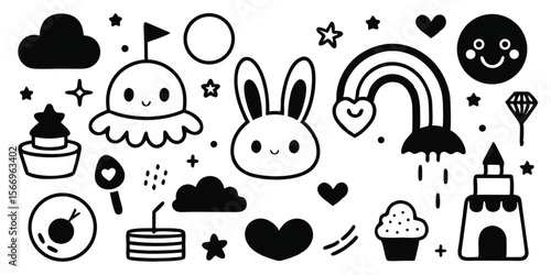Sweet dreams come to life with this charming collection of doodle style drawings, transparent background