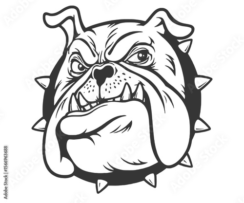Aggressive Bulldog Head with Spiked Collar in Black and White Vector Illustration