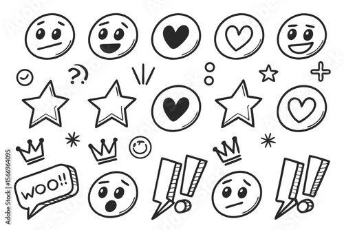 Doodle sketch conveys varied emotions through stars, crowns, hearts, faces, and woo bubbles