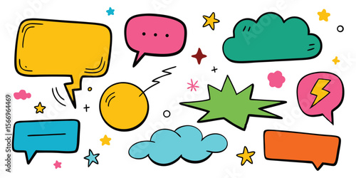 Colorful cartoon speech bubbles and stars cheerfully decorate the white transparent background in a playful manner