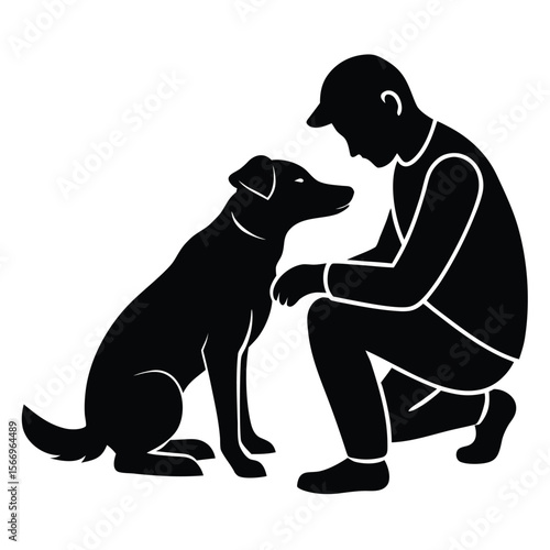 A Man Kneeling, Lovingly Petting His Dog A Vector Illustration of Canine Companionship