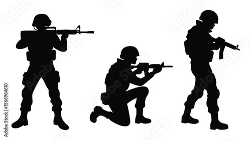 Three soldiers in silhouette aim rifles in varying stances against a transparent background