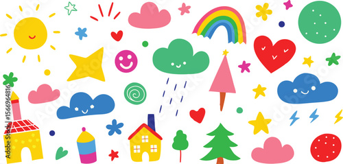 Wallpaper Mural Colorful whimsical doodle elements including happy clouds, rainbow, houses, and stars fill a childlike scene Torontodigital.ca