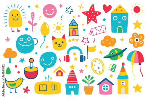 Vibrant cartoon doodles feature playful expressions, diverse shapes, and objects joyfully scattered on white