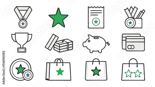 Green star icons showcase loyalty rewards alongside a piggy bank on a white background