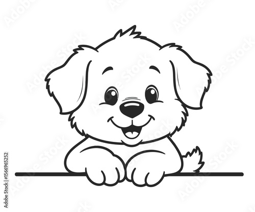 Adorable Cartoon Puppy Peeking Over a Line Black and White Illustration