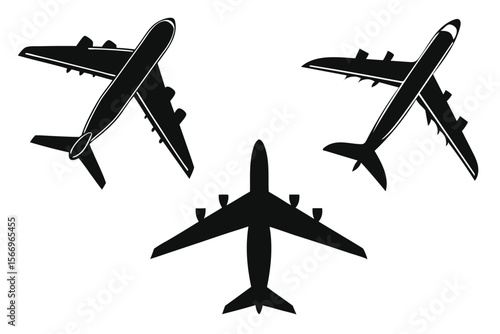 Three black airplanes face different directions against a white background, their silhouettes distinctive in outline