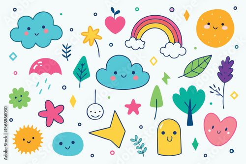 Colorful cartoon cloudscape showcases rainbow, sun, hearts, stars and leafy branches over a white background