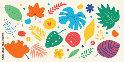 Colorful botanical composition showcases various flowers, leaves, and dots on a cream background creating a cheerful, vibrant pattern