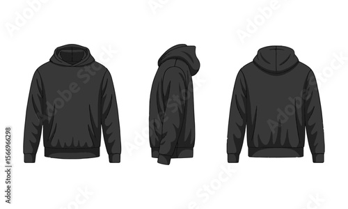 Modern vector illustration of a blank black hoodie sweatshirt long sleeve template sweatshirt long sleeve, hoody for design mockup for print, easily editable and scalable.
