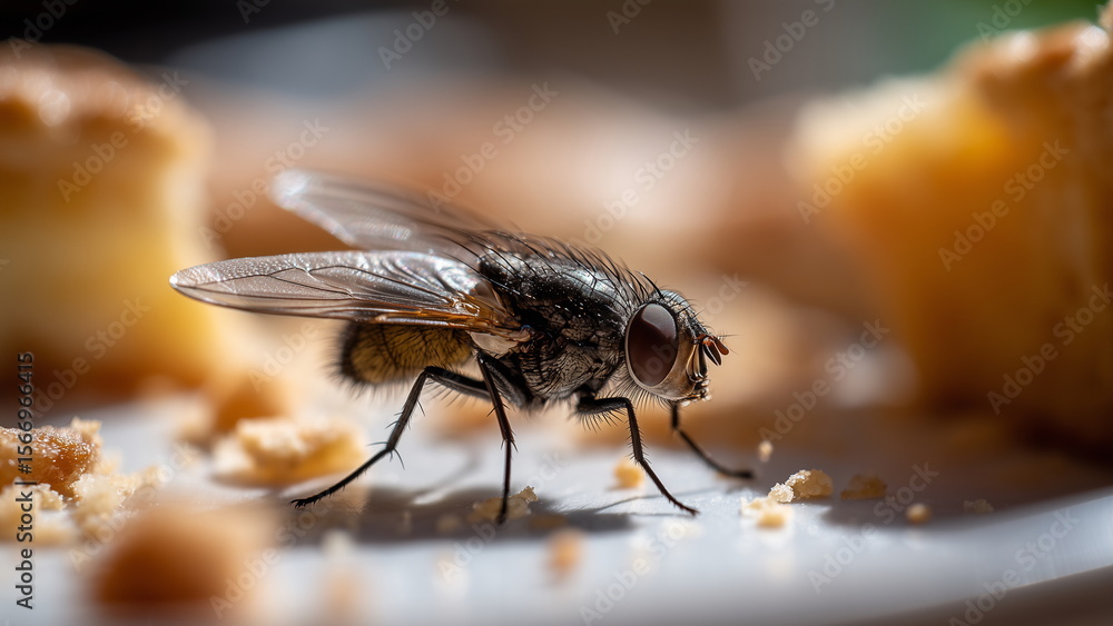 Obraz premium A close-up macro shot of a housefly perched on a plate of food, with fine detail on its wings and legs, cake crumbs scatter around the plate.