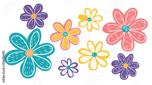 Colorful doodle flowers with various petal designs and bright centers are scattered on white