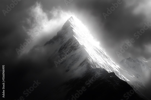 Dramatic black and white mountain peak illuminated by sunlight through clouds