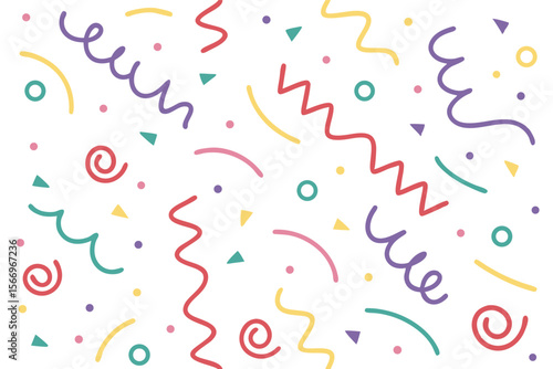 Many colorful shapes like squiggles and dots are scattered on a white background