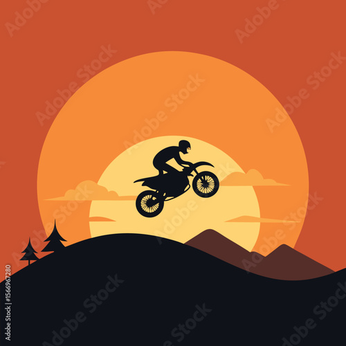 Minimalist motorcycle silhouette jumping over hill at sunset with clean lines, dynamic motion, extreme sport and adventure concept