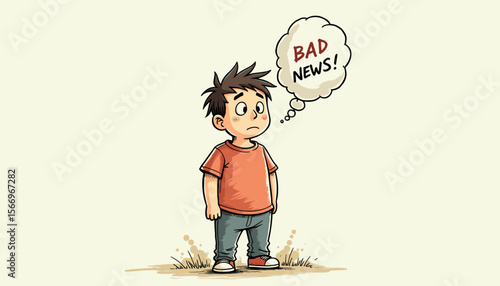 Disappointed person receiving bad news, sad cartoon boy thinking about bad news on light background